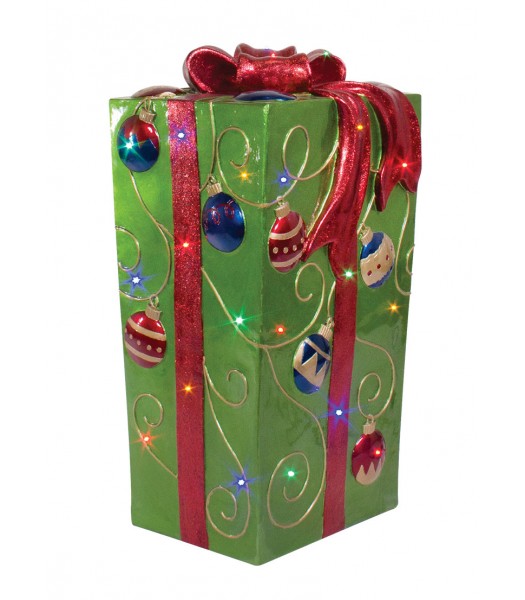 Lit Fiberglass Gift Box with Ornaments